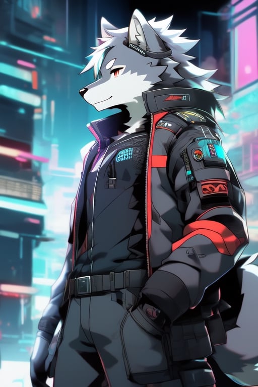 gray wolf,masculine,kemono furry style,cyberpunk clothing ,Normal slim body,hair masculine