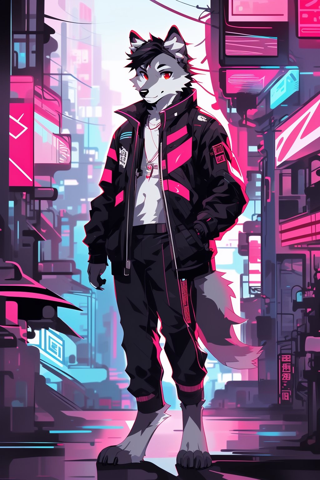 gray wolf,male,dark gray coat,black male hair with red locks,red eyes,digitigrade legs,relaxed pose,normal slim body,perfect eyes,black cyberpunk style jacket with red lights,black sport pants with white cyberpunk style stripes,style kemono,cyberpunk neon asian city background,cyberpunk neon asian background