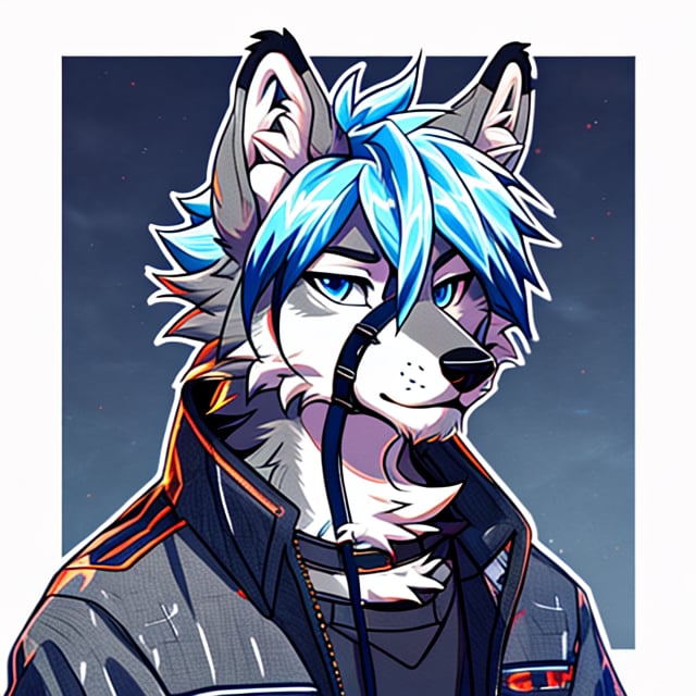 Digital Drawing,icon,flat vivid colors,Light Gray Wolf, Masculine, Long Pointed Ears, Blue Eyes, Blue Hair, Pointed Muzzle, Casual Clothing,lycaon style