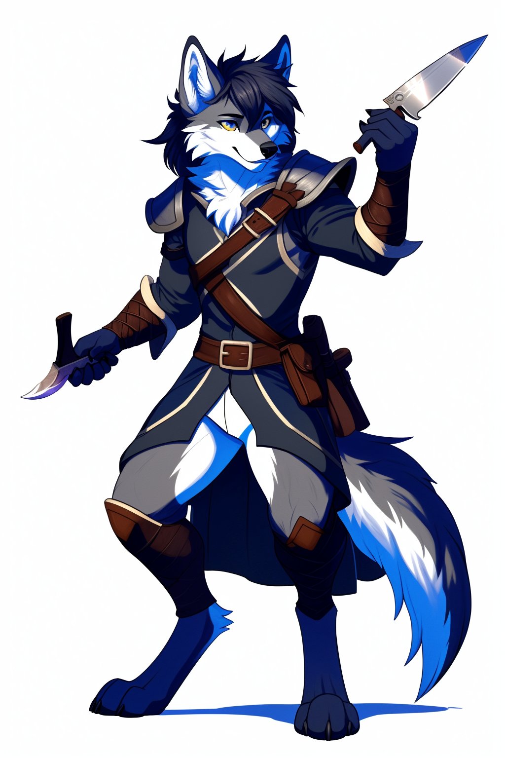 digital drawing, furry gray wolf, male, slightly large pointed ears, furry style hair, digitigrade legs, dnd rogue costume, carries a knife, white background, full body