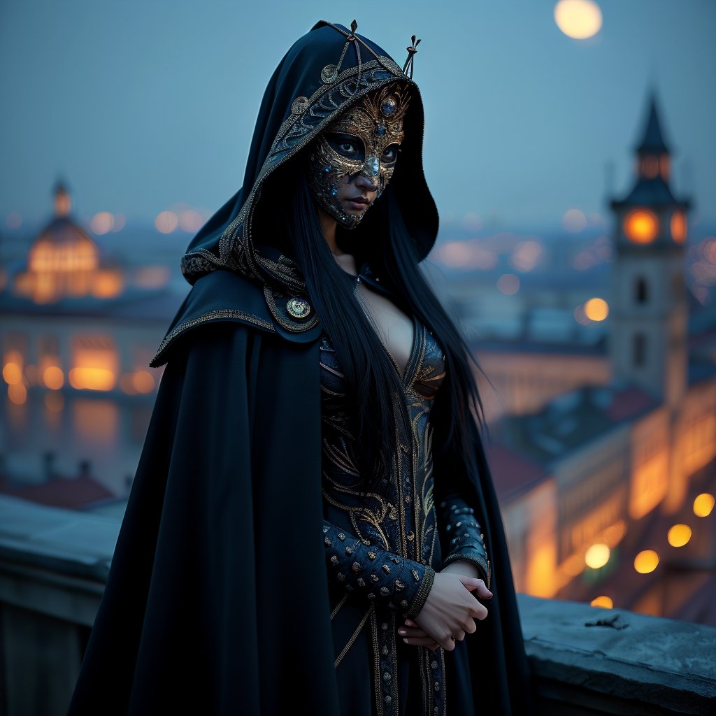 ((Realistic 16K resolution, RAW, extreme detail description)) photography of lady with long black hair and a richly decorated black cloak that covers her from head to toe, wearing a magnificent mask that covers her entire face in a medieval setting. She stands on a rooftop with a splendid city visible in the background at night. The scene is full of details, including moonlight and reflections. She wears a hood and her cloak is decorated.\nbreak, \n1girl, Exquisitely perfect symmetric very gorgeous face, Exquisite delicate crystal clear skin, Detailed beautiful delicate eyes, perfect slim body shape, slender and beautiful fingers, legs, perfect hands, legs, illuminated by film grain, realistic style, realistic skin texture, dramatic lighting, soft lighting, exaggerated perspective of Wide-angle lens depth,