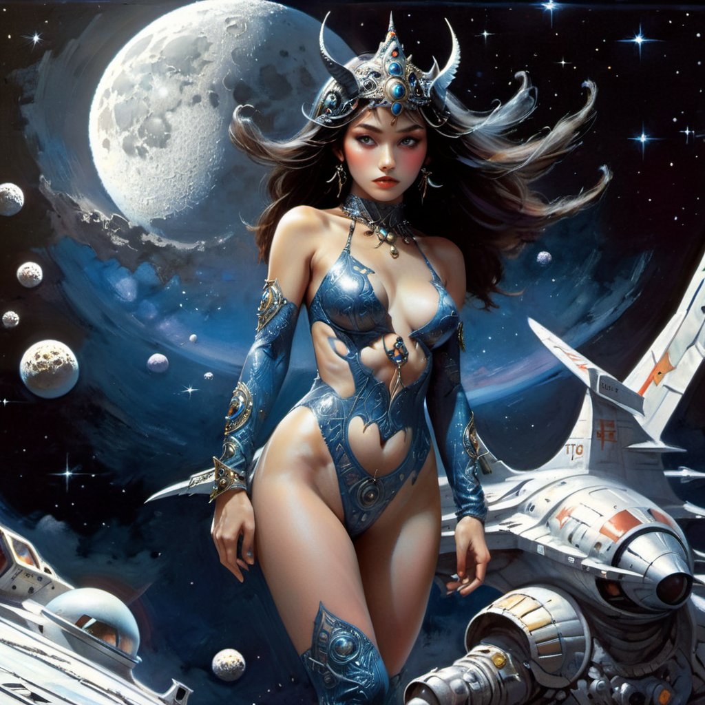 Realistic 16K resolution gray blue tone photography of 1 girl, wearing intricate high-tech bodysuit covering her entire body with biomechanical style, intricate mechanical details, glowing cybernetic enhancements,, battle pose, in outer space, in front of moon deity and nebulae, space station,
break, 
1 girl, full body shot, Exquisitely perfect symmetric very gorgeous face, Exquisite delicate crystal clear skin, Detailed beautiful delicate eyes, perfect slim body shape, slender and beautiful fingers, legs, perfect hands, legs, illuminated by film grain, realistic style, realistic skin texture, dramatic lighting, soft lighting, exaggerated perspective of ((Wide-angle lens depth)), Fantasy, extreme detail description, frank frazetta style, 80s fantasy movie style,