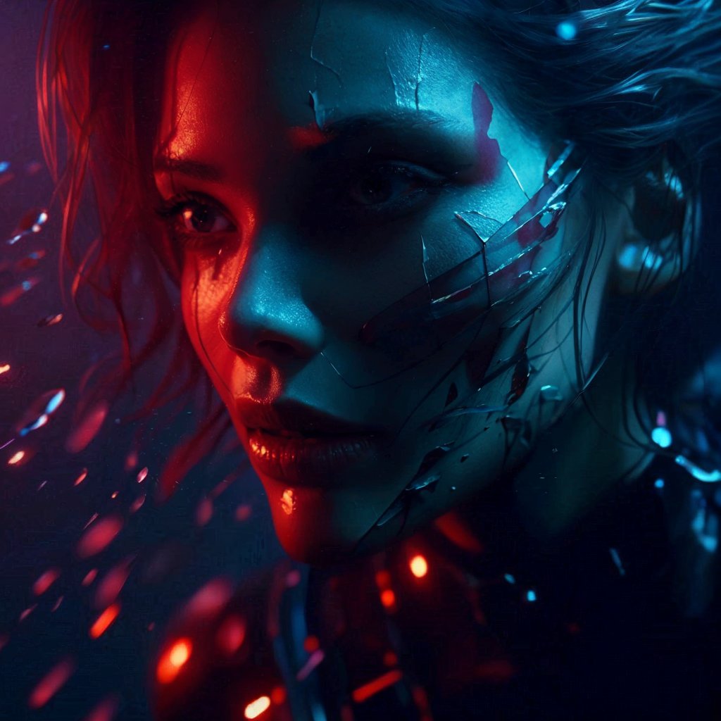 ((Realistic 16K resolution, RAW, extreme detail description)) photography of conceptual extremely shattered oil painting dark artistic close-up portrait of diving beautiful Swedish woman, cyberpunk, dark indigo red light, twilight. octane render, trending on artstation., displaying exaggerated posture and movement.
break, 
1girl, Exquisitely perfect symmetric very gorgeous face, Exquisite delicate crystal clear skin, Detailed beautiful delicate eyes, perfect slim body shape, slender and beautiful fingers, legs, perfect hands, legs, illuminated by film grain, realistic style, realistic skin texture, dramatic lighting, soft lighting, exaggerated perspective of Wide-angle lens depth,