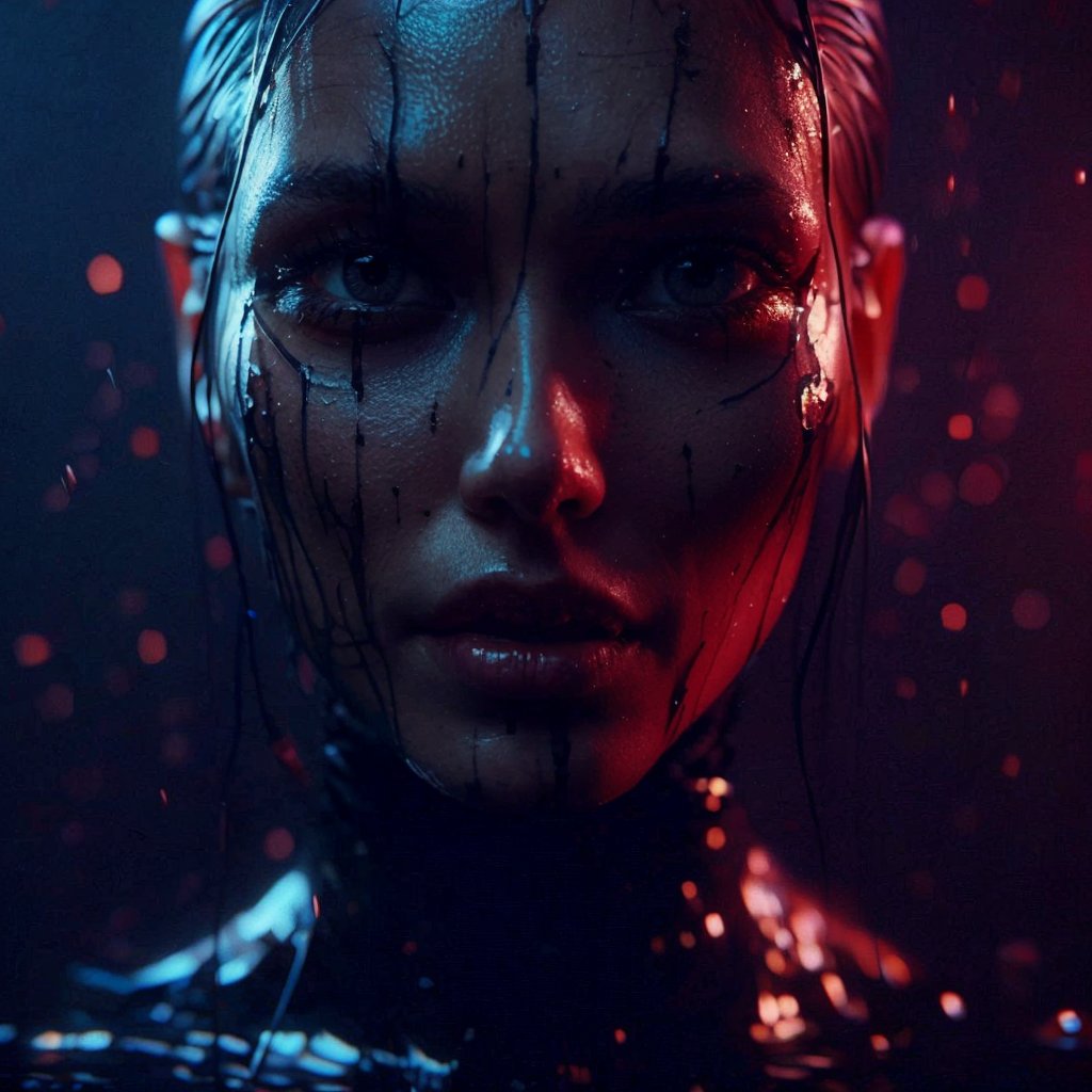 ((Realistic 16K resolution, RAW, extreme detail description)) photography of conceptual extremely shattered oil painting dark artistic close-up portrait of diving beautiful Swedish woman, cyberpunk, dark indigo red light, twilight. octane render, trending on artstation., displaying exaggerated posture and movement.
break, 
1girl, Exquisitely perfect symmetric very gorgeous face, Exquisite delicate crystal clear skin, Detailed beautiful delicate eyes, perfect slim body shape, slender and beautiful fingers, legs, perfect hands, legs, illuminated by film grain, realistic style, realistic skin texture, dramatic lighting, soft lighting, exaggerated perspective of Wide-angle lens depth,