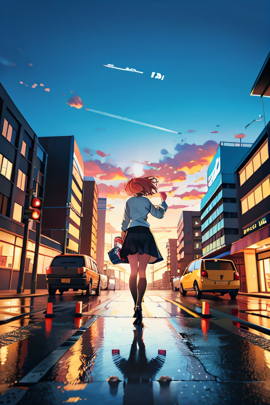 1girl, high definition, lofi anime, lofi, building, car, city, cityscape, cloud, cloudy sky, evening, from behind, ground vehicle, lofi style, motor vehicle, neon lights, outdoors, reflection, road, scenery, sign, sky, solo, standing, street, sunset, traffic light, water, show face, wearing tight skirt with black stocking, nice legs, high heels