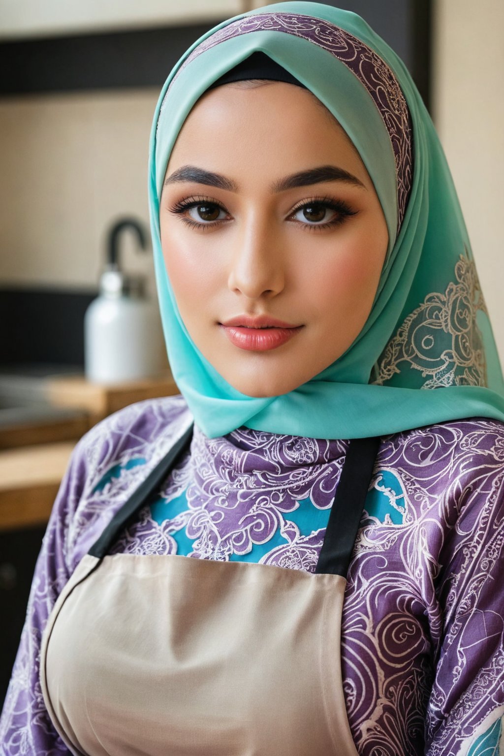 top-quality,Beautiful detailed hijabi,Bewitching face,long lashes,Wearing a colorful (naked_apron),Hide your mouth with a lace cloth,Detailed details,Colossal ,sideboobs,stares at the camera,nsfw.naked