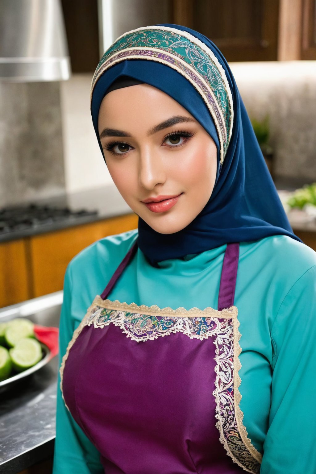 top-quality,Beautiful detailed hijabi,Bewitching face,long lashes,Wearing a colorful (naked_apron),Hide your mouth with a lace cloth,Detailed details,Colossal ,sideboobs,stares at the camera