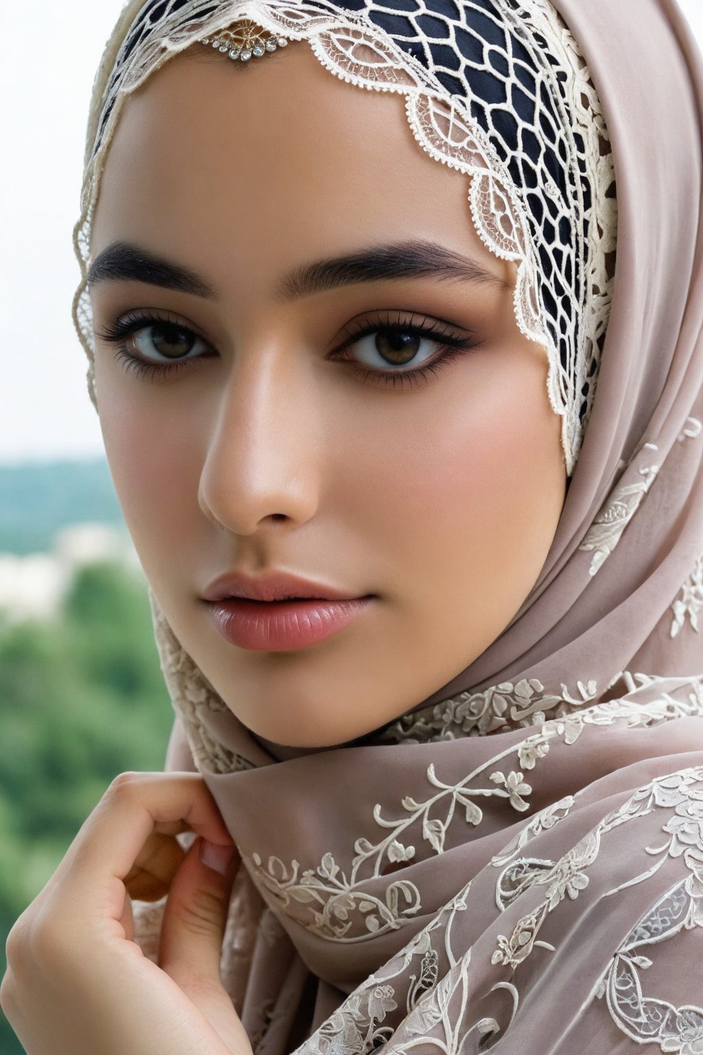 top-quality,Beautiful detailed hijabi,Bewitching face,Hide your mouth with a lace cloth,Detailed details,Colossal ,sideboobs,stares at the camera,nsfw.naked