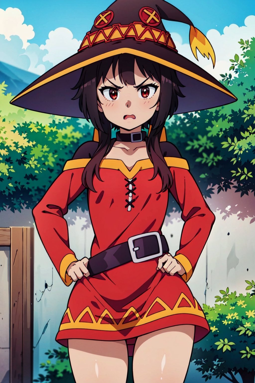 Megu-KJ, 1girl, short_black hair, looking_at_viewer , tiny_breasts, red and yellow dress, black_necklace, tight_hips, anger, tight_ass, front-view, Megumin,High detailed, wedding, Megu hat, standing, megu dress