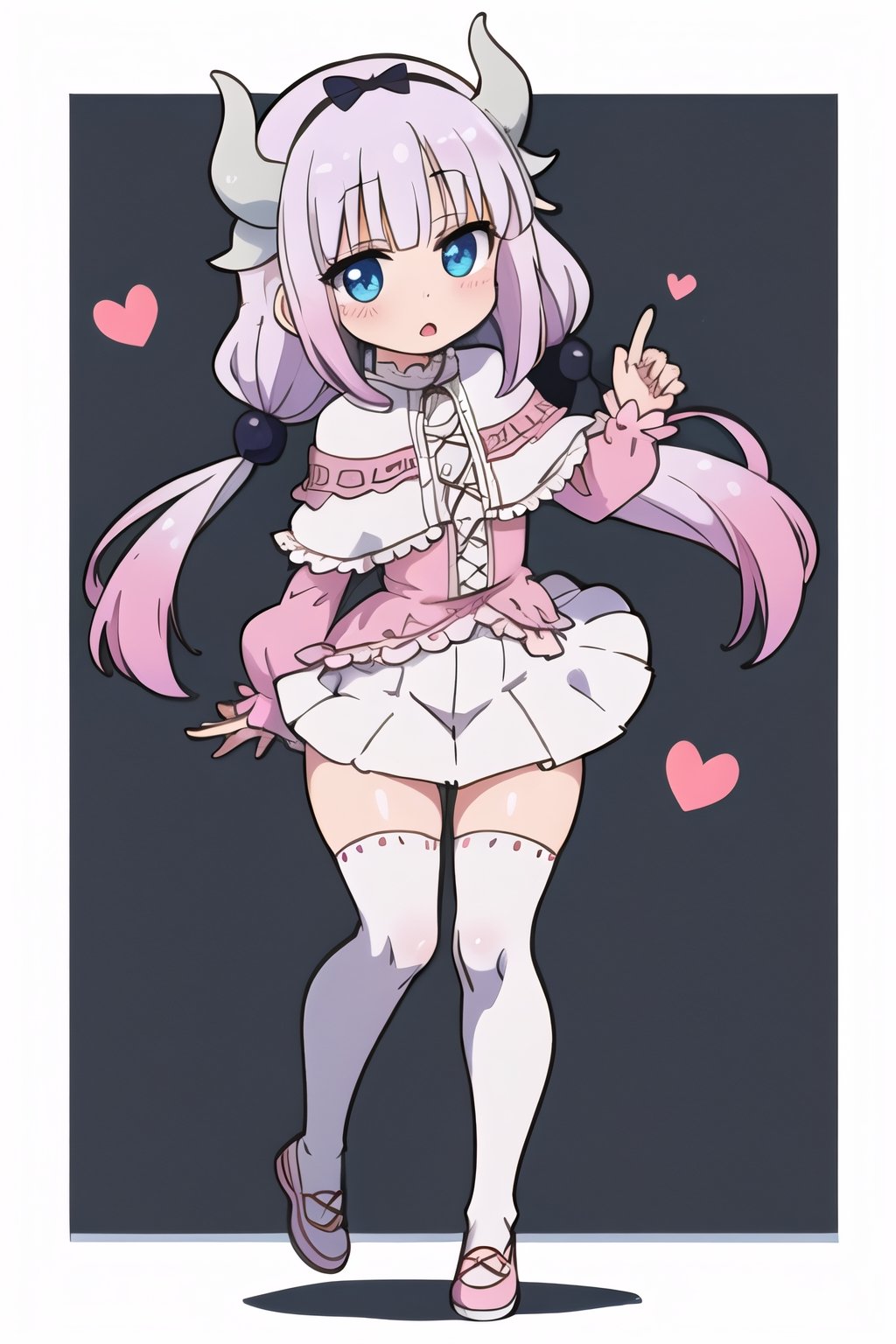 Kanna Kamui, 1080P, 1girl, solo_female, loli, full_body, dragón horns, blue_eyes, Violet hair with panytales, looking_at_viewer, standing, white capelet with mat collar, Pink blouse, white skirt with ruffles, cute_face, neutral_expretion, tight_hips, tight_ass,Kanna Kamui 