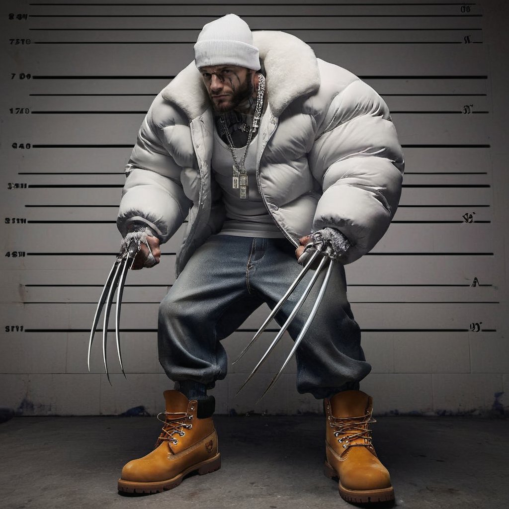 ((Realistic 8K resolution, RAW, extreme detail description)) photography of Wolverine wearing baggy  white jeans, Timberland boots, a big white puff jacket, diamonds on the  knives in his fingers, and a white baseball cap turned backwards while posing for prison photo, displaying exaggerated posture and movement.
break, 
illuminated by film grain, realistic style, realistic skin texture, dramatic lighting, soft lighting, exaggerated perspective of ((Wide-angle lens depth)),