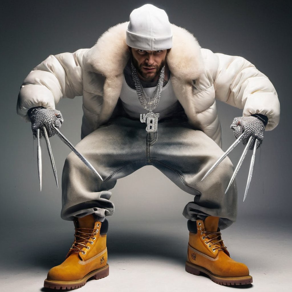 ((Realistic 8K resolution, RAW, extreme detail description)) photography of Wolverine wearing baggy  white jeans, Timberland boots, a big white puff jacket, diamonds on the  knives in his fingers, and a white baseball cap turned backwards while posing for prison photo, displaying exaggerated posture and movement.
break, 
illuminated by film grain, realistic style, realistic skin texture, dramatic lighting, soft lighting, exaggerated perspective of ((Wide-angle lens depth)),