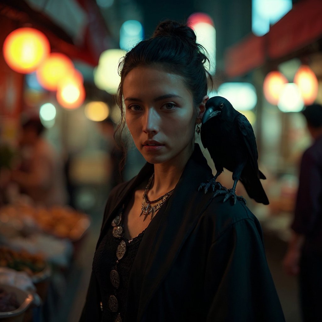 ((Realistic 8K resolution, RAW, extreme detail description)) photography of Freyja, the Norse goddess, with a raven perched on her shoulder, at night market in Osaka, displaying exaggerated posture and movement. illuminated by film grain, realistic style, realistic skin texture, dramatic lighting, soft lighting, exaggerated perspective of ((Wide-angle lens depth)),