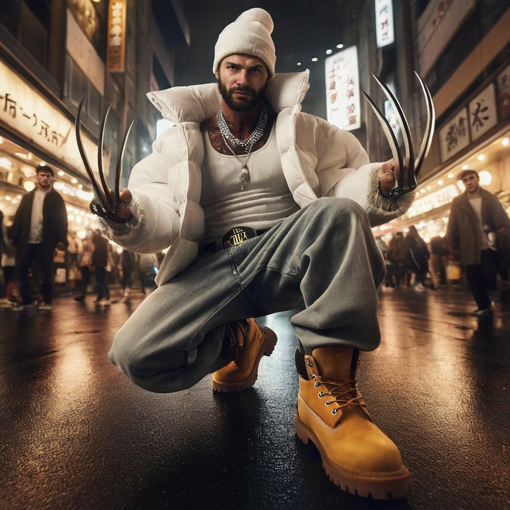 ((Realistic 8K resolution, RAW, extreme detail description)) photography of Wolverine wearing baggy white jeans, Timberland boots, a big white puff jacket, diamonds on the knives in his fingers, and a white baseball cap turned backwards while posing at night market in Osaka, displaying exaggerated posture and movement. break, illuminated by film grain, realistic style, realistic skin texture, dramatic lighting, soft lighting, exaggerated perspective of ((Wide-angle lens depth)),