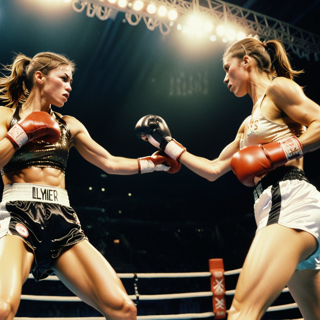 2 female boxer delivers a powerful punch towards each other, sending sweat flying in the air, in the Olympic boxing ring.
break, 
2 girl, Exquisitely perfect symmetric very gorgeous face, Exquisite delicate crystal clear skin, Detailed beautiful delicate eyes, perfect slim body shape, slender and beautiful fingers, legs, perfect hands, legs, illuminated by film grain, realistic style, realistic skin texture, dramatic lighting, soft lighting, exaggerated perspective of ((Wide-angle lens depth)), extreme detail description,