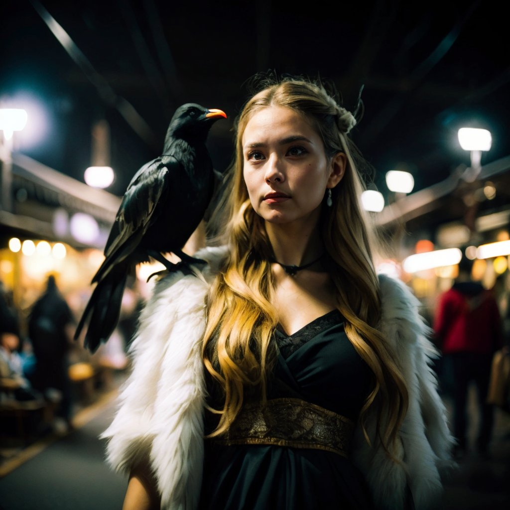 ((Realistic 8K resolution, RAW, extreme detail description)) photography of Freyja, the Norse goddess, with a raven perched on her shoulder, at messy old alley in Osaka, displaying exaggerated posture and movement. illuminated by film grain, realistic style, realistic skin texture, dramatic lighting, soft lighting, exaggerated perspective of ((Wide-angle lens depth)),