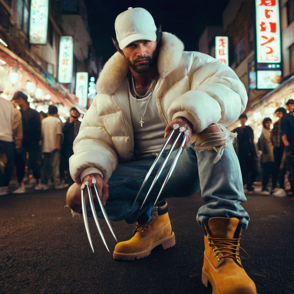 ((Realistic 8K resolution, RAW, extreme detail description)) photography of Wolverine wearing baggy white jeans, Timberland boots, a big white puff jacket, diamonds on the knives in his fingers, and a white baseball cap turned backwards while posing at night market in Osaka, displaying exaggerated posture and movement. break, illuminated by film grain, realistic style, realistic skin texture, dramatic lighting, soft lighting, exaggerated perspective of ((Wide-angle lens depth)),