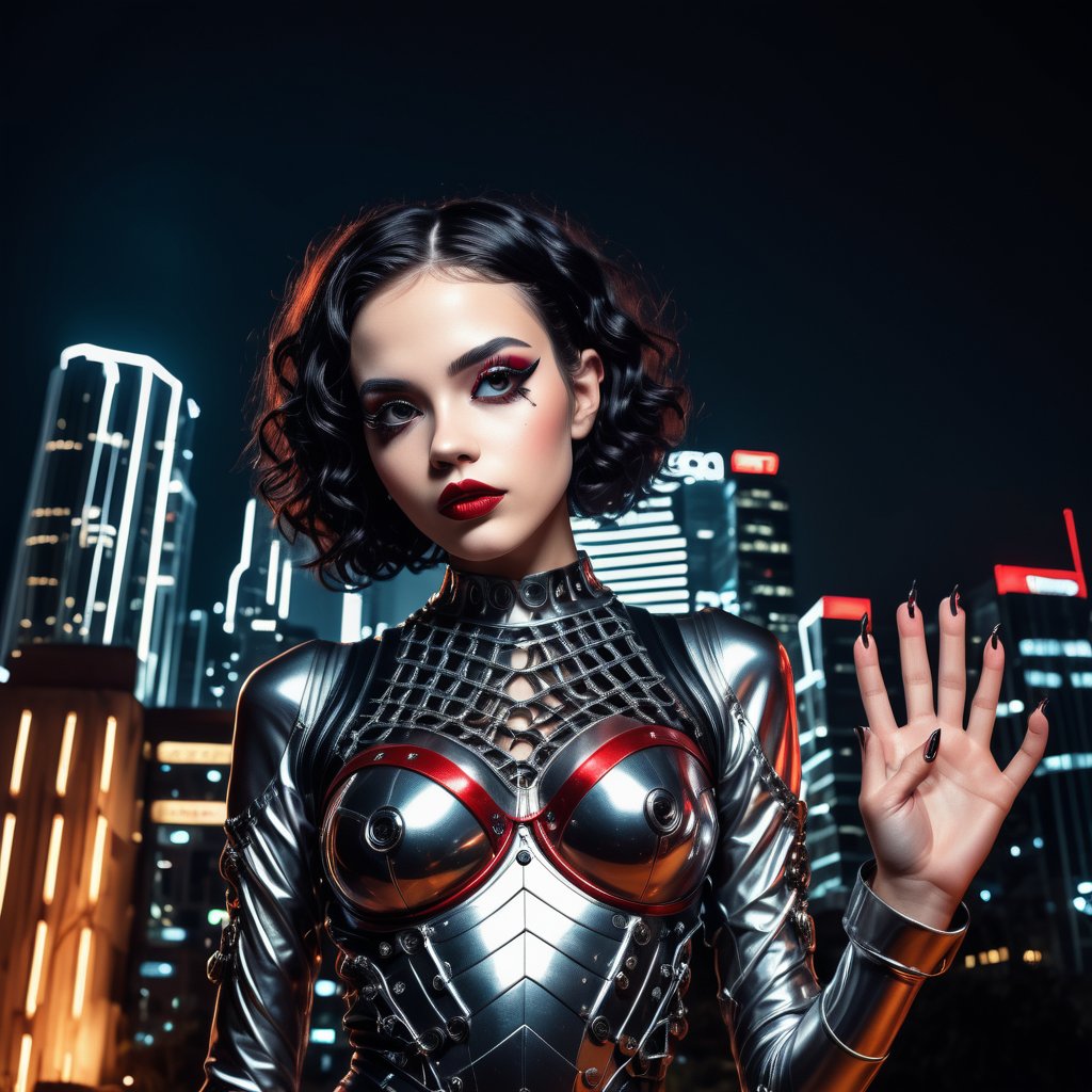 Realistic 16K resolution photography of A full body shot of a young goth woman, short black curly hair, slightly smiling, one raised eyebrow, wearing a black metal cyborg suit , red lips, dark eye makeup, mega city behind her, dark theme, night time,
break, 
1 girl, Exquisitely perfect symmetric very gorgeous face, Exquisite delicate crystal clear skin, Detailed beautiful delicate eyes, perfect slim body shape, slender and beautiful fingers, nice hands, perfect hands, illuminated by film grain, Stippling style, dramatic lighting, soft lighting, motion blur, exaggerated perspective of ((Wide-angle lens depth)),Enhanced All