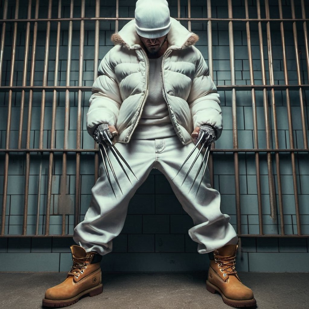 ((Realistic 8K resolution, RAW, extreme detail description)) photography of Wolverine wearing baggy  white jeans, Timberland boots, a big white puff jacket, diamonds on the  knives in his fingers, and a white baseball cap turned backwards while posing for prison photo, displaying exaggerated posture and movement.
break, 
illuminated by film grain, realistic style, realistic skin texture, dramatic lighting, soft lighting, exaggerated perspective of ((Wide-angle lens depth)),