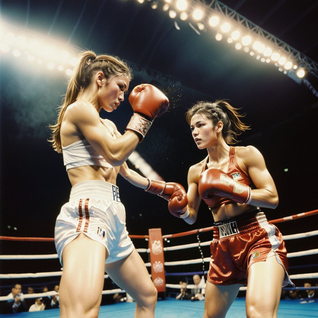 2 female boxer delivers a powerful punch towards each other, sending sweat flying in the air, in the Olympic boxing ring.
break, 
2 girl, Exquisitely perfect symmetric very gorgeous face, Exquisite delicate crystal clear skin, Detailed beautiful delicate eyes, perfect slim body shape, slender and beautiful fingers, legs, perfect hands, legs, illuminated by film grain, realistic style, realistic skin texture, dramatic lighting, soft lighting, exaggerated perspective of ((Wide-angle lens depth)), extreme detail description,