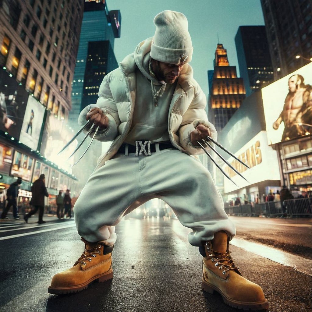 ((Realistic 8K resolution, RAW, extreme detail description)) photography of Wolverine wearing baggy white jeans, Timberland boots, a big white puff jacket, diamonds on the knives in his fingers, and a white baseball cap turned backwards while posing at Time Square in New York, displaying exaggerated posture and movement. break, illuminated by film grain, realistic style, realistic skin texture, dramatic lighting, soft lighting, exaggerated perspective of ((Wide-angle lens depth)),