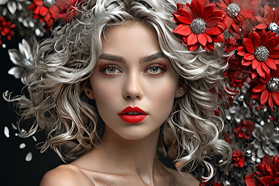 portrait, young, stunning, beautiful, girl, soft red lips, amazing and beautiful eyes, porsa skin, silver ash messy hair, "background of many real 3D flowers", fine jewelry, artstation trend, sharp focus, photography studio , intricate details, highly detailed, by greg rutkowski, focus, dense red smoke, highlighting his face, focus, photorealism, diffusion, high contrast, 4k