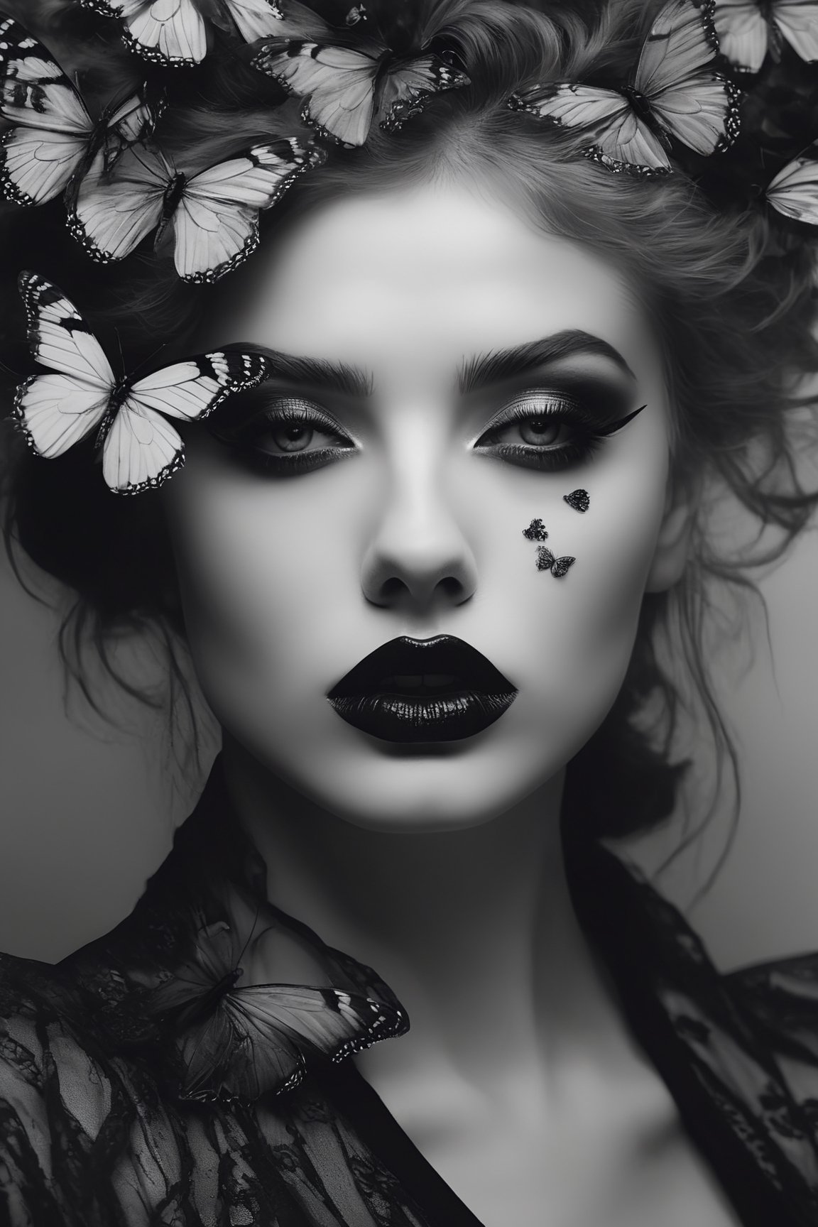  Create a hyper realistic monochrome photo of goth women from the waist up gazing in to the viewer soul.her mouth is covered by colourful butterfly while everything elese is in black and white, sentimental mood.,photo r3al,photorealistic,realistic