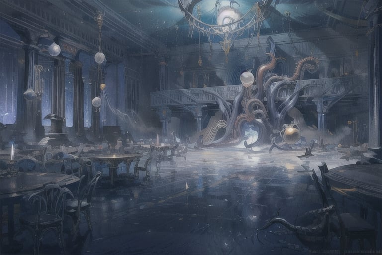 masterpiece, scenery, ball_room, party , long tables, viking tables, banquet, huge room, fancy room, room full of tentacles, tentacles on the ceiling, tentacles on the walls, dark room, no_humans, magic aura, dark energy, dark magic aura, evil aura , tentacles , purple tentacle, ,no_humans