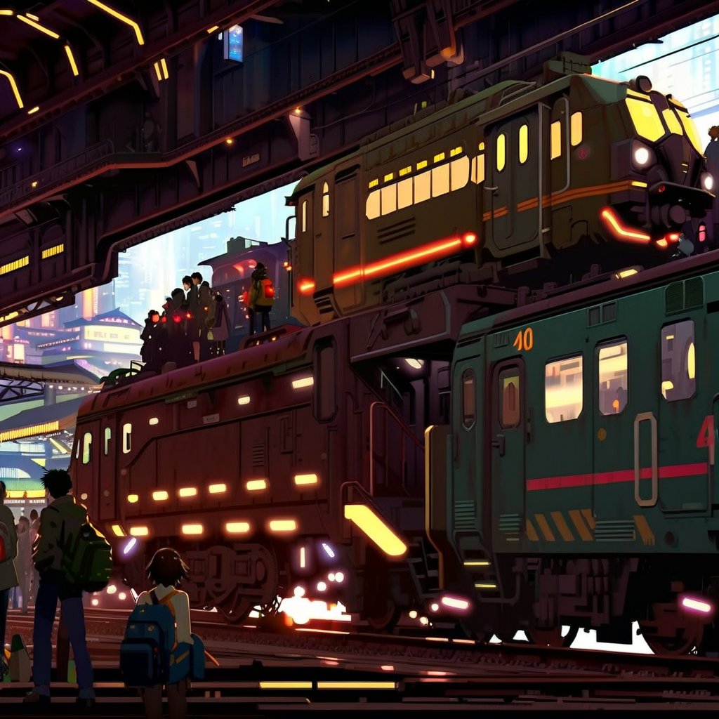 Mech A crowded old train station, in which instead of trains there are helicopters, by Dice Tsutsumi, Makoto Shinkai, Studio Ghibli, 
,cyberpunk style, night ,6000,cyberpunk,Landskaper