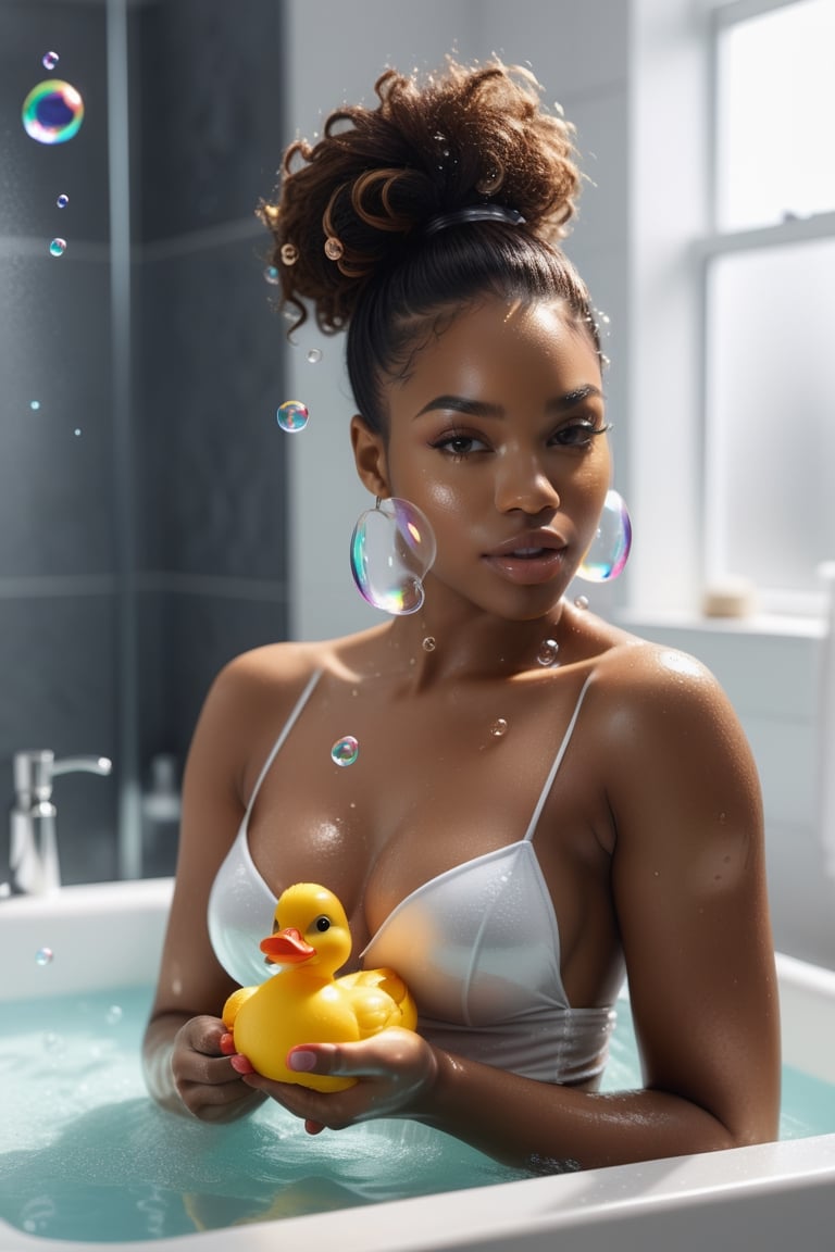 photograph of the sexy black woman with sexy body and perfect skin playing with duck toy and bubbles in the bathroom, woman looking in to the camera, masterpiece, 8K resolution, hyper_realistic,more detail XL