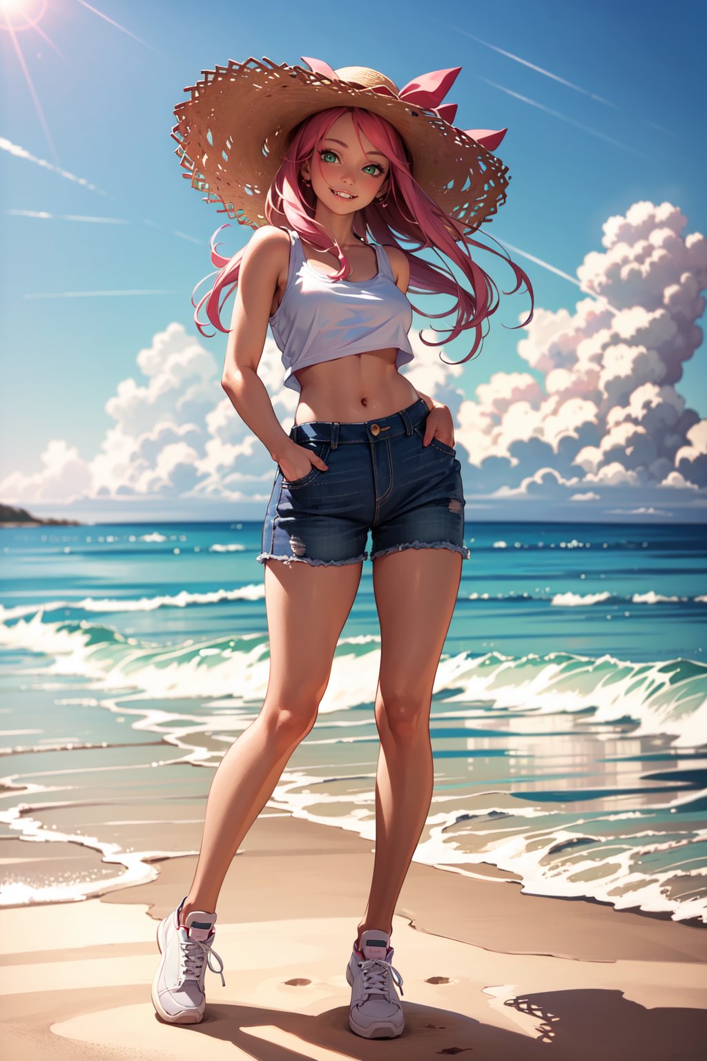 sexy girl, long_pink_hair, perfect body, smile with teeth, correct_anatomy, tanned skin, green-eyes, short_slim_detailed_jeans, completely white see through t-shirt, very small straw hat, completely white detailed sneakers, pink nails, beautiful fingers, beautiful face, full_body, realistic, realistic lighting, beach on the background, very detailed hair, beatiful hands, hands in the pockets, beautiful eyes, white_teeth, masterpiece, 4K resolution, digital_art, sun in front, wide hips, realistic shadows, butt_fangs, visible breast with pointy nipls, boobs