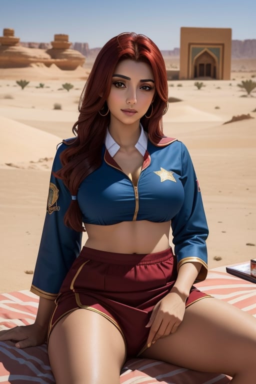  beautiful arab woman in ancient iran, wearing ancient arab clothes ,red hair,  McDonald's uniform, uniform ,fast food restaurant uniform, unziping under the uniform, undressing, seductive pose, desert oasis in the background , sitting on the bed ,ultra realistic 