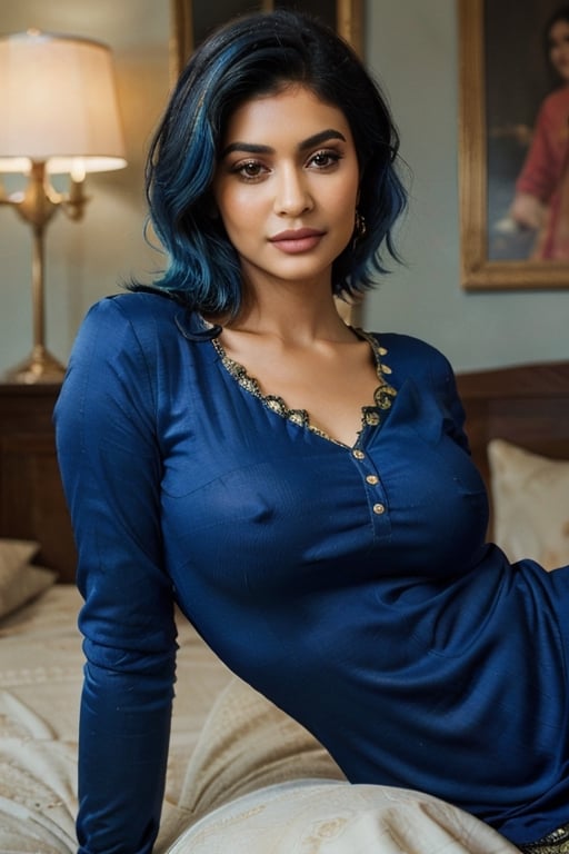 Jessa,kylie jenner, photograph of a mature arab lady, beautiful ,8mm, 40 year old,, milf,Masterpiece, 16k, intricate details, highest resolution, wide shot, perfect lighting, unreal engine, colorful, elaborate and detailed scene, perfect pose, most beautiful arab women, blue hair, light blue hair, wide hips, close up, McDonald's in the background, wearing a indian kurta, traditional clothes , laying in bed
