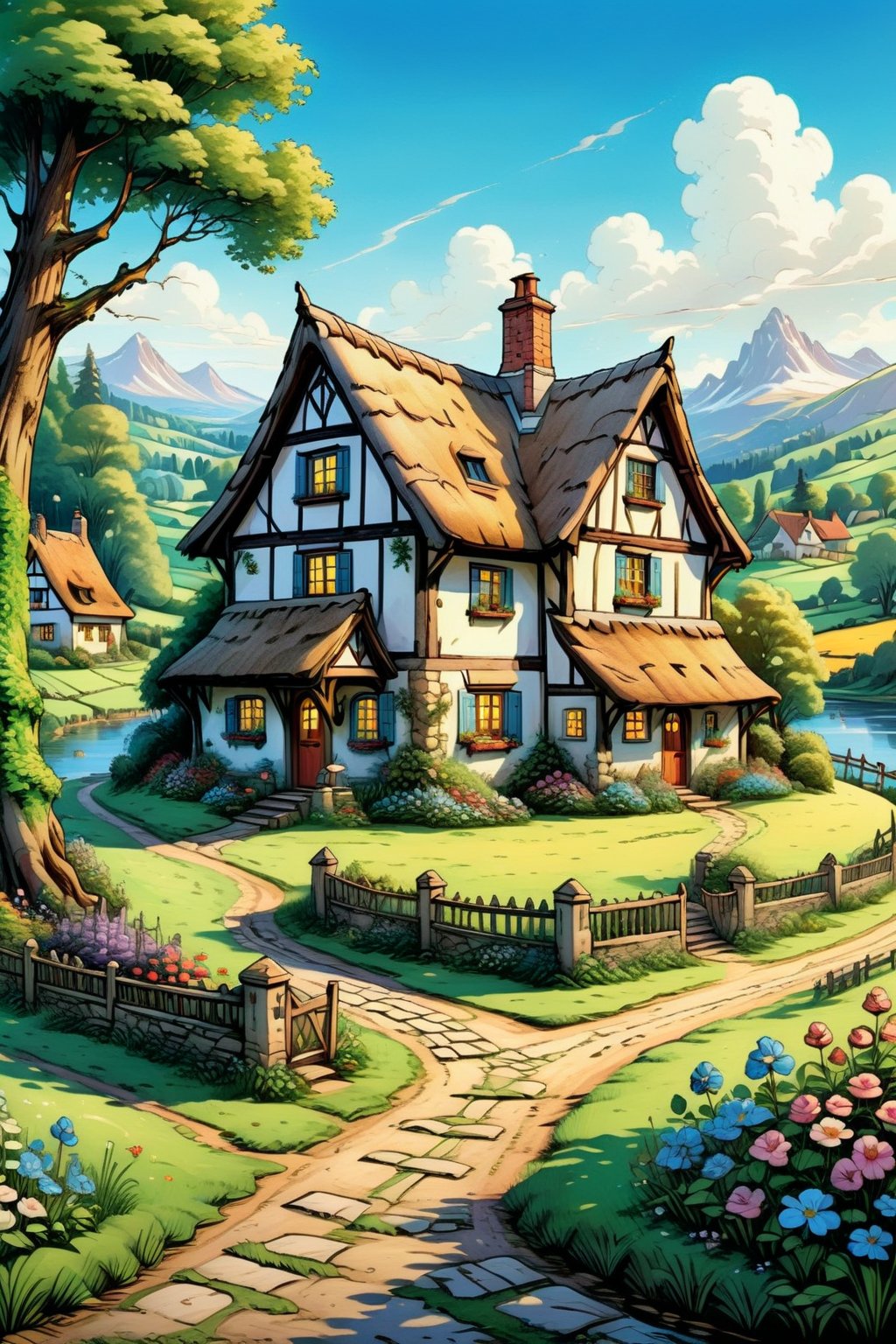 A charming and idyllic fairytale painting, representing a beautiful cottage, set against a lovely cottage background, fairytale, 4K UHD,rivghn style,comic book