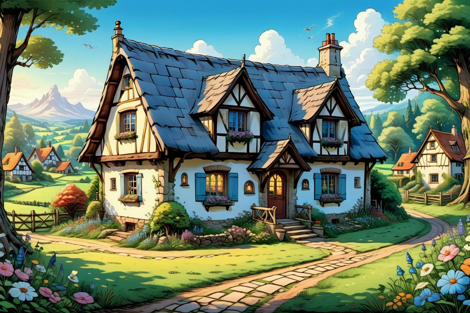 A charming and idyllic fairytale painting, representing a beautiful cottage, set against a lovely cottage background, fairytale, 4K UHD,rivghn style,comic book