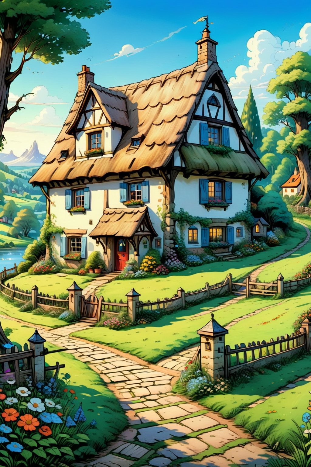 A charming and idyllic fairytale painting, representing a beautiful cottage, set against a lovely cottage background, fairytale, 4K UHD,rivghn style,comic book