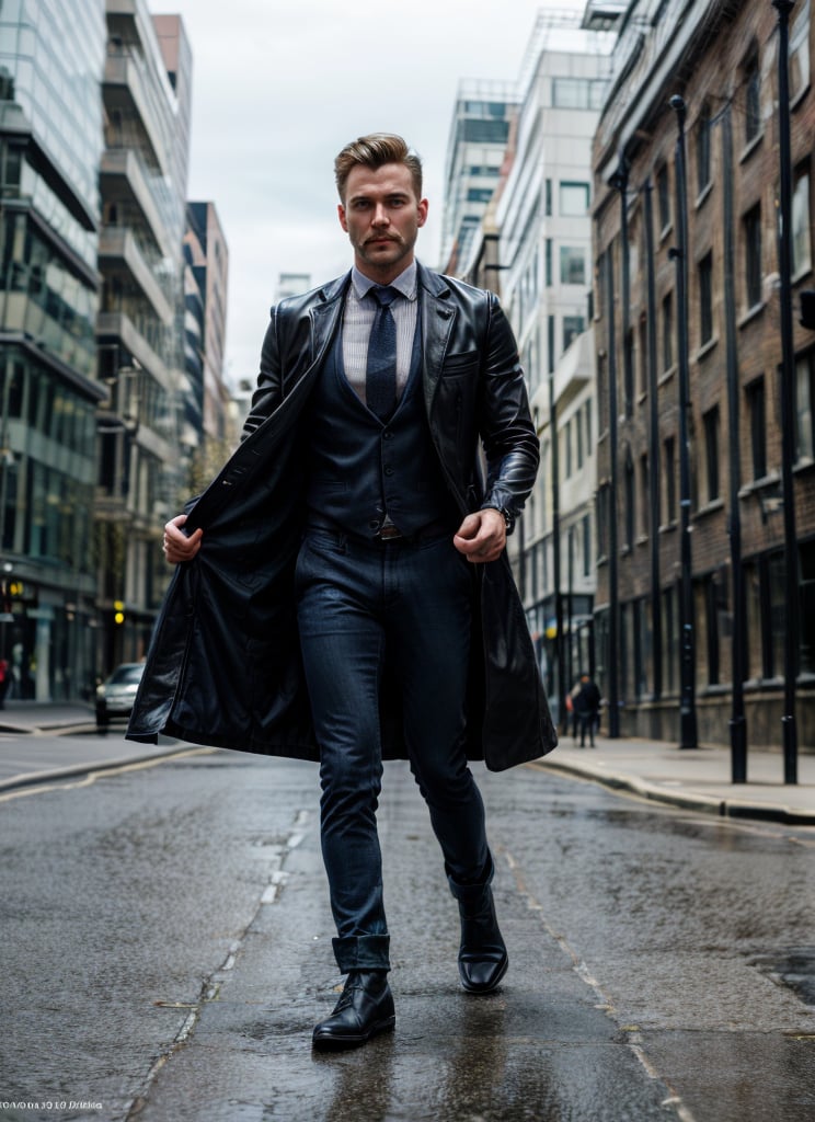 Generate an image of a man, (full body), fresh trimmed hair, imperial mustache, deep blue eyes, perfect jawline, fit physique, walking toward camera, wearing overcoat, shirt, tie, formal trouser, black leather Chelsea boot, london street, dramatic filter, ultra hdr, extremely detailed face, ultra realism, well balanced light, masterpiece, professional, photography 