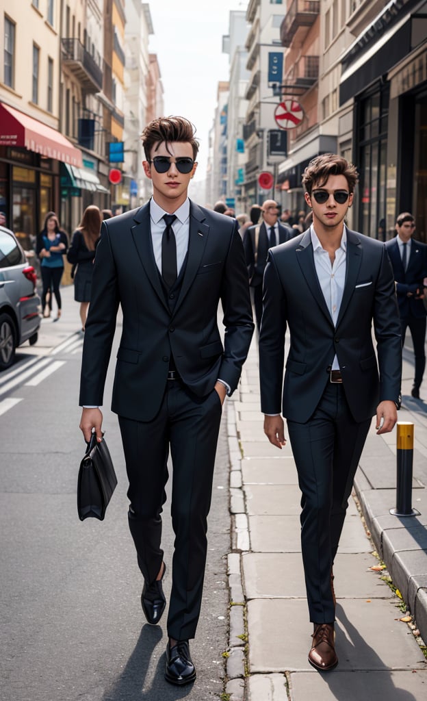 Generate an image of Handsome 20 years old man in black suit, black sunglasses, walking on street, realistic, ultra hdr