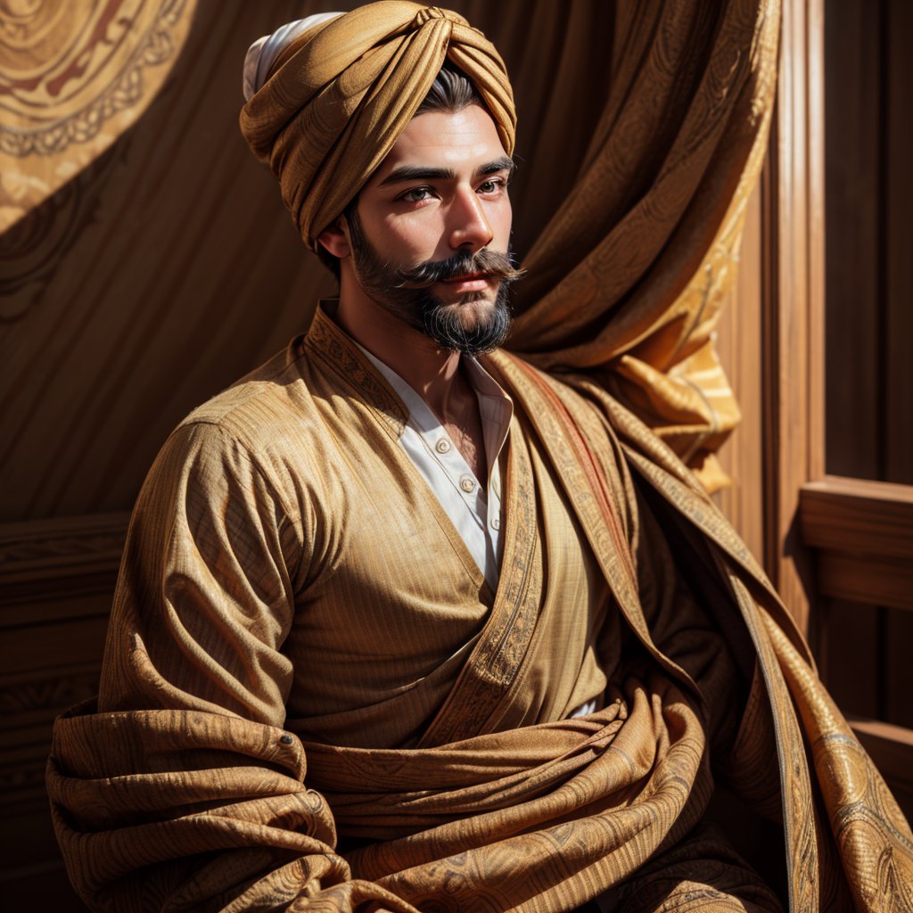 OneBoy, full_body, light_brown_eyes, Perfect Jawline, lightbrown_hair, light beard, imperial mustache, muscular_body, wearing Afghani turban, Afghanistan traditional dress, rolex watch, Ultra realism, extremely detailed face, ultra Hd, posing for photography, Professional,perfecteyes, full photo 