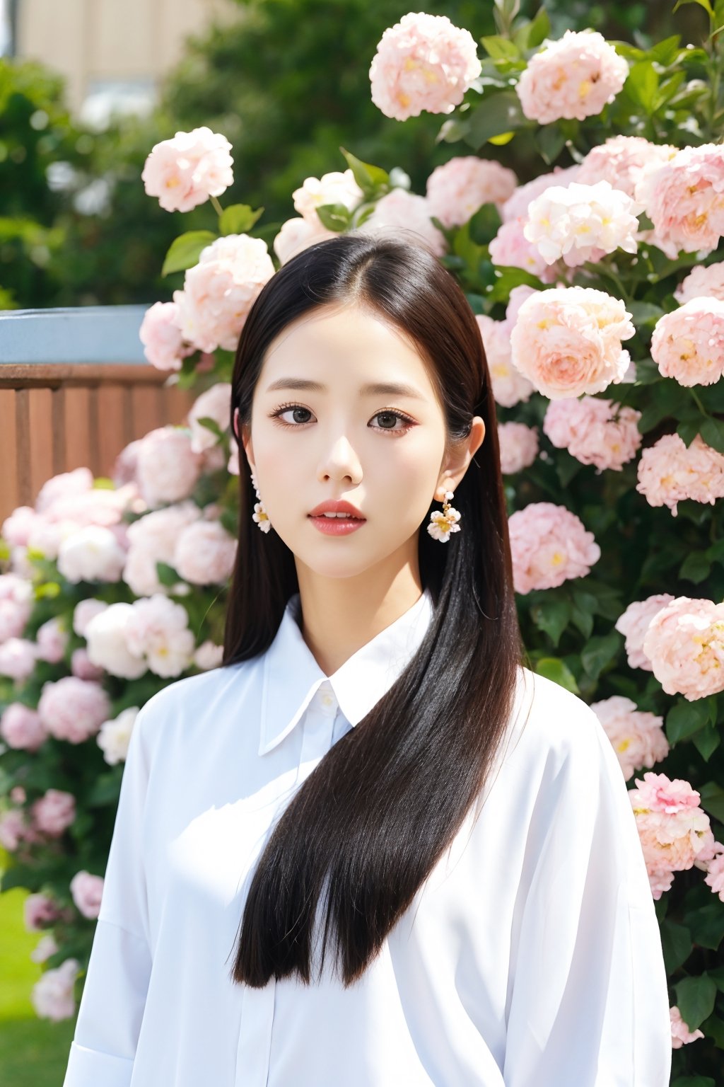 1 girl, solo, detailed eyes, blink and youll miss it detail, silk shirt, outdoors, flower garden, high quality, floral background, very detailed,wonder beauty ,Enhance,JeeSoo 