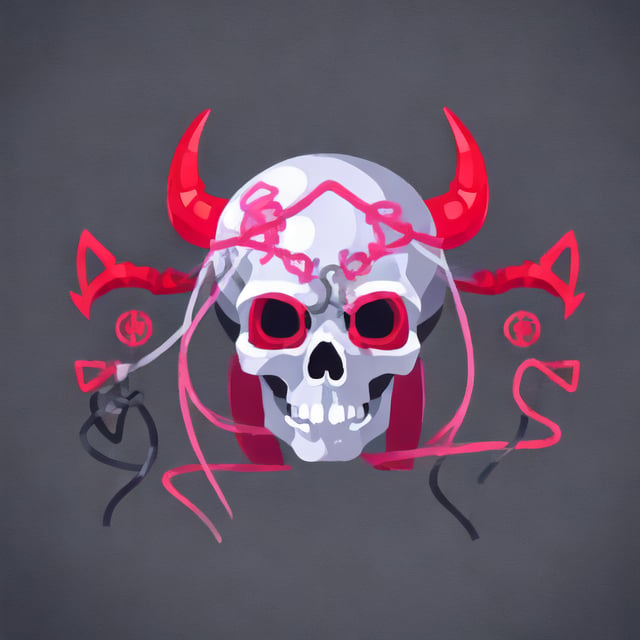 devilish skull with wires and pentagrams with colors pink and black, red
