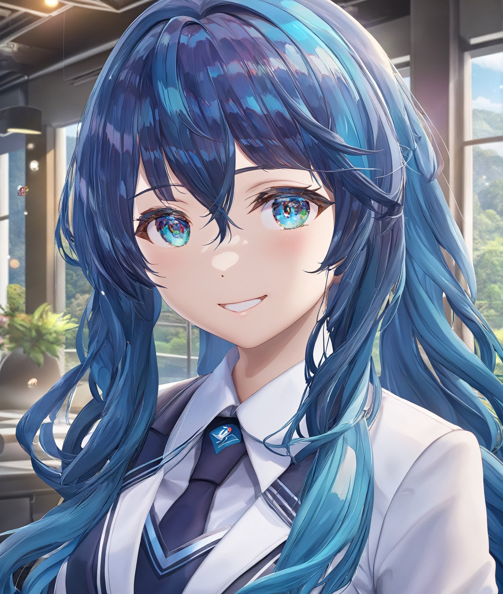 torino aqua style, ((masterpiece)), (best quality), official art, extremely detailed CG, unity 8k wallpaper, ultra detailed, colorful, 1girl, cute, solo, long hair, blue hair, smile, medium breasts, business uniform,