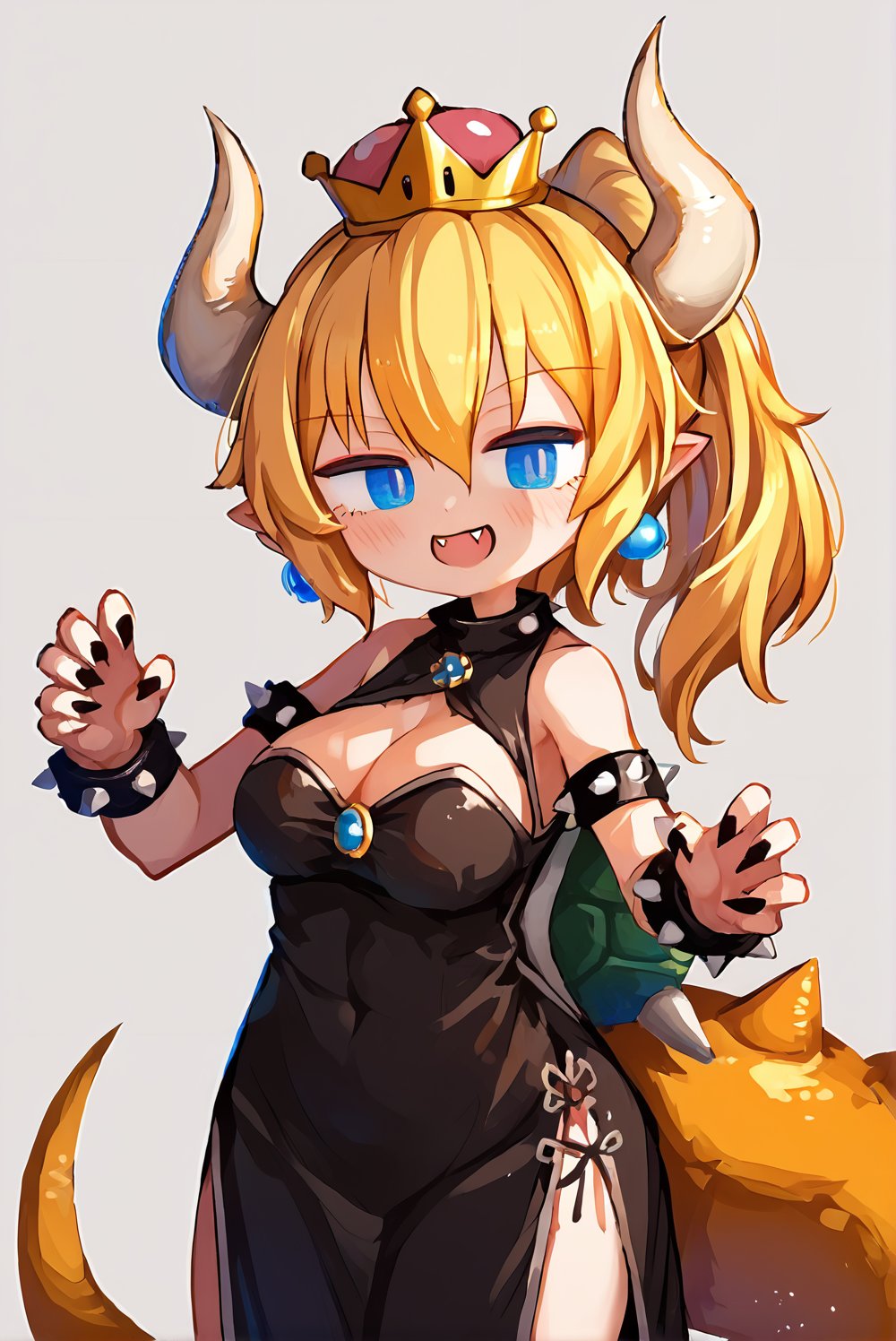 score_9_up, score_8_up, score_7_up, source_anime, 1girl, bowsette, (blonde hair:1.1), (white horns:1.2), (pointy ears:1.1), (blue eyes:1.2), (hair between eyes:1.1), (ponytail:1.1), spiked shell, tail, nail polish, fang, sharp teeth, (crown:1.2), (spiked armlet:1.1), earrings, cleavage, smile, vn, chinese clothes, hair ornament, jewelry, floating hair, shoulder armor, cowboy shot, (detailed:1.05), (extremely detailed:1.06), sharp focus, (intricate:1.03), (extremely intricate:1.04), [beautiful face:0.9], [perfect eyes:0.8], [detailed skin:0.8], [detailed face:0.8], [detailed eyes:0.8], [detailed hair:0.8], [detailed lips:0.8], low contrast, soft cinematic light