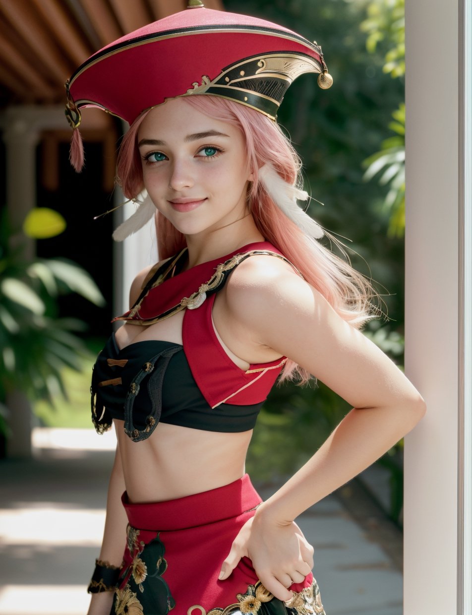 masterpiece, best quality, 1girl, long hair, pink hair, green eyes, antlers, hat, crop top, cleavage, midriff, skirt, detached sleeves, , standing, arms up, arms behind head, smile, blush, kbxll, photo of the most beautiful artwork in the world, professional majestic (photography by Steve McCurry), 8k uhd, dslr, soft lighting, high quality, (film_grain:1.2), (bokeh, blurry foreground, blurry background), Fujifilm XT3 sharp focus, f 5.6, High Detail, Sharp focus, dramatic, (seductive_smile:0.7), (looking at viewer:1.2), (detailed pupils:1.3), (natural light), (((medium-long shot:1.3)))