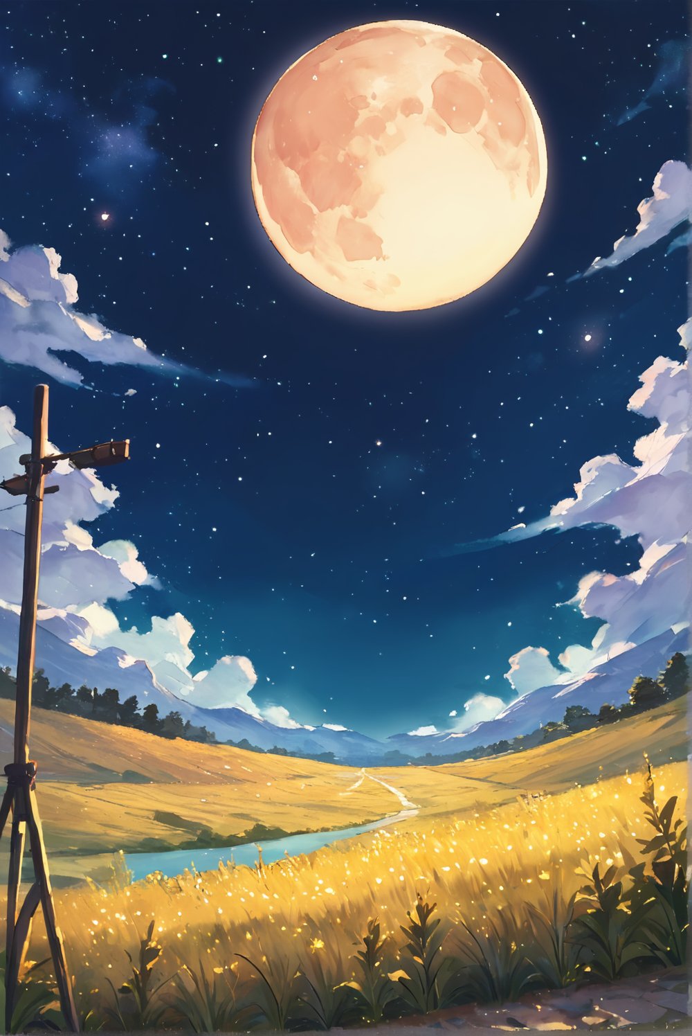 score_9_up, score_8_up, score_7_up, source_anime, illustration, watercolor, outdoors, no people, sky, meadow, ((night)), starry sky, many stars, moon, detailed_background