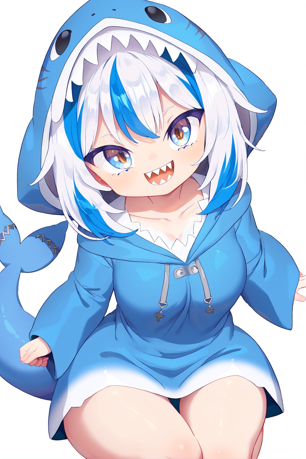 score_9_up, score_8_up, score_7_up, source_anime, 1girl, beautiful detailed eyes, ((masterpiece,best quality)), solo, ((gawr gura)), virtual youtuber, gawr gura 1st costume, sharp teeths, medium hair, white hair, hair ornament,  ((hood up)), blue hoodie, shark tail, smile, curvy, head tilt