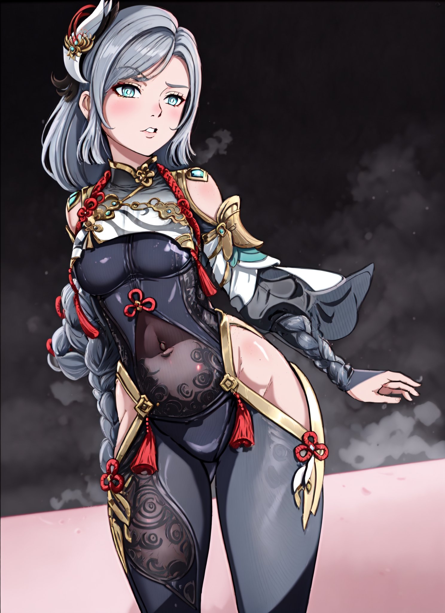 shadbase, masterpiece, best quality, ,1girl, shenhe \(genshin impact\), grey hair,long hair,hair ornament, blue eyes,braided ponytail,puffy sleeves,gold trim,gloves,bodysuit, medium breasts, breast curtain, shoulder cutout, covered navel, hip vent, clothing cutout, tassel, simple background