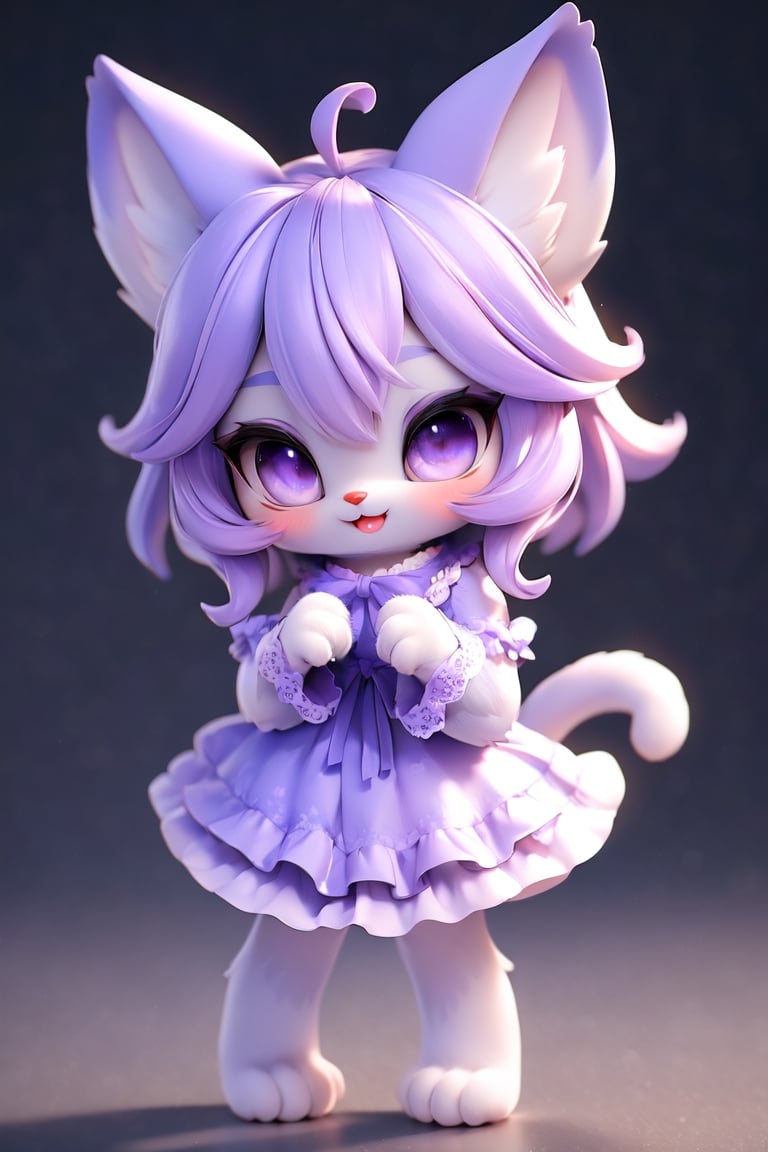 (Masterpiece, best quality:1.3), 3d, render, pvc, highly detailed, fantasy, (centered:1.3), 8k, dynamic, full body, 1girl, anthro, furry, solo, baby face, cute, smile, (detailed eyes, detailed face), purple hair, layered dress, lace, frills, (((simple background))), (details), perfect, beautiful, dreamy, colorful, vivid, cinematic, ultra-detailed, perfect hands, (depth of field), (light blush), various colors, pastel colors, (gradients), bloom:0.2, shadow, sharp focus, cat,3D,chibi