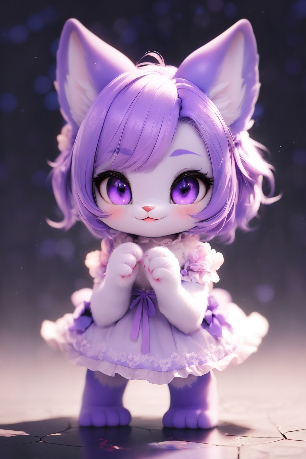 (Masterpiece, best quality:1.3), 3d, render, pvc, highly detailed, fantasy, (centered:1.3), 8k, dynamic, full body, 1girl, anthro, furry, solo, baby face, cute, smile, (detailed eyes, detailed face), purple hair, layered dress, lace, frills, (((simple background))), (details), perfect, beautiful, dreamy, colorful, vivid, cinematic, ultra-detailed, perfect hands, (depth of field), (light blush), various colors, pastel colors, (gradients), bloom:0.2, shadow, sharp focus, cat,