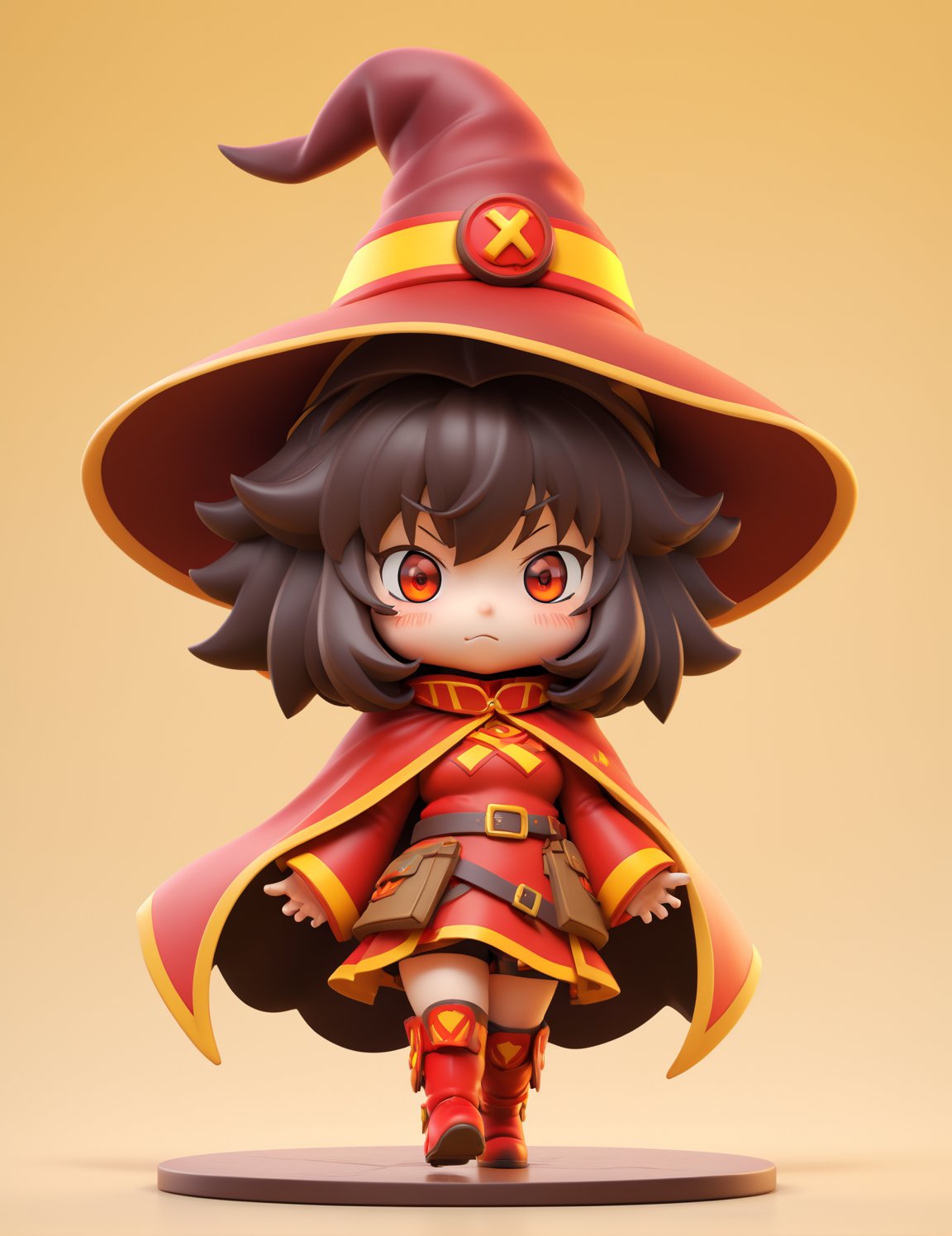 megumin, solo, chibi, full body, looking at viewer, witch hat, cape, red eyes, yellow background